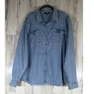 Frye Mens Western Denim Shirt Size XXL Light Wash Blue Stretch Button Front
